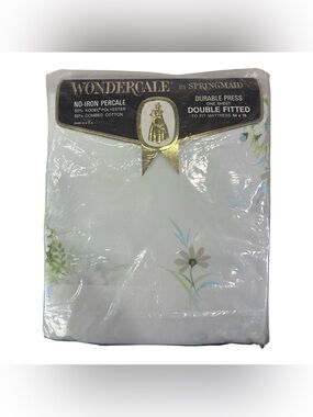 Vtg Springmaid Wondercale Double Fitted Sheet White Blue Fresh Daisy Floral New